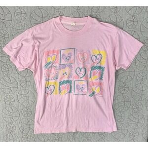 VTG 80s 90s Screen Stars Pink Hearts Single Stitch Shirt XL Pastel Pop Art